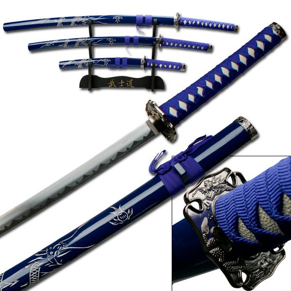 JUEGO DE ESPADAS SAMURÁIS CON SOPORTE, KATANAS DE 3 PIEZAS  YK-58BLD4